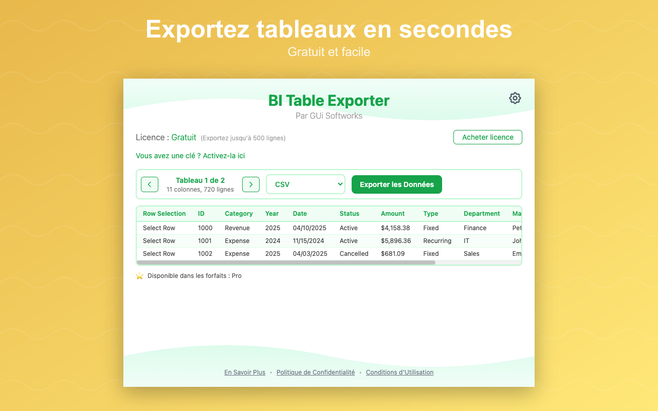 BI Table Exporter en action sur un rapport Power BI
