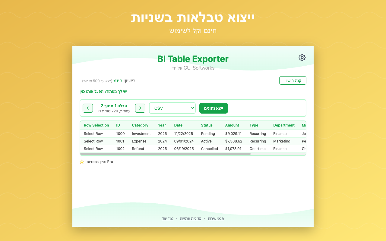 BI Table Exporter בפעולה על דוח Power BI
