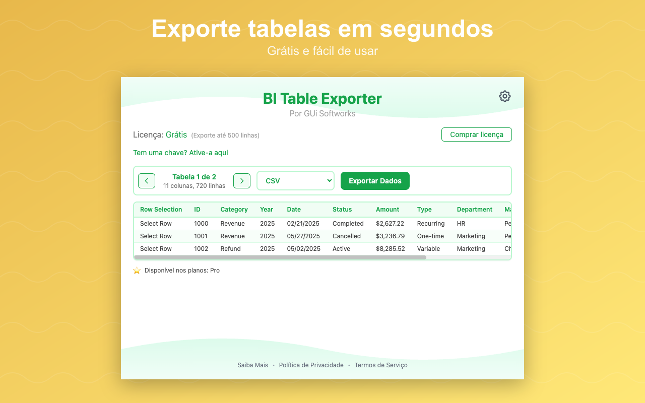 BI Table Exporter em ação em um relatório do Power BI